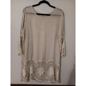 Indigo Soul Top Women's Sz. L‎ Beige  Crocheted  Lace Flowers Boho Scoop Neck